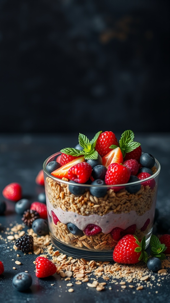 A layered glass of Berry Bliss Overnight Weetabix with fresh berries and mint leaves.