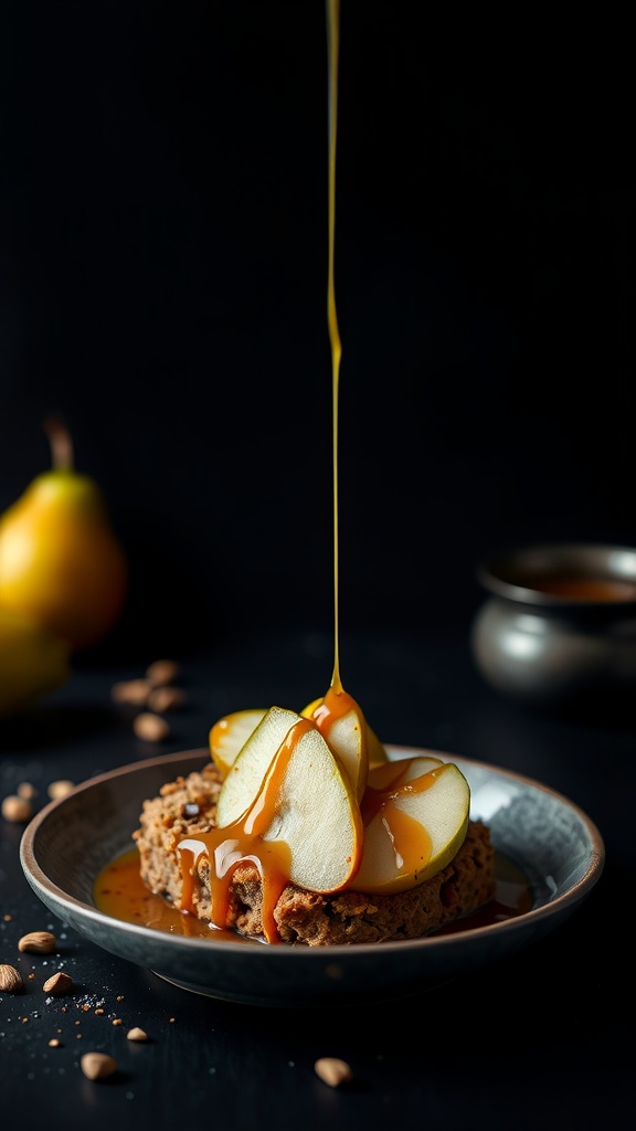 A close-up of Caramelized Pear Overnight Weetabix topped with pear slices and caramel sauce.