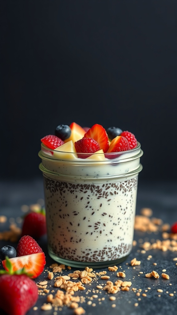 Close up of chia seed and weetabix pudding with fresh fruits and granola