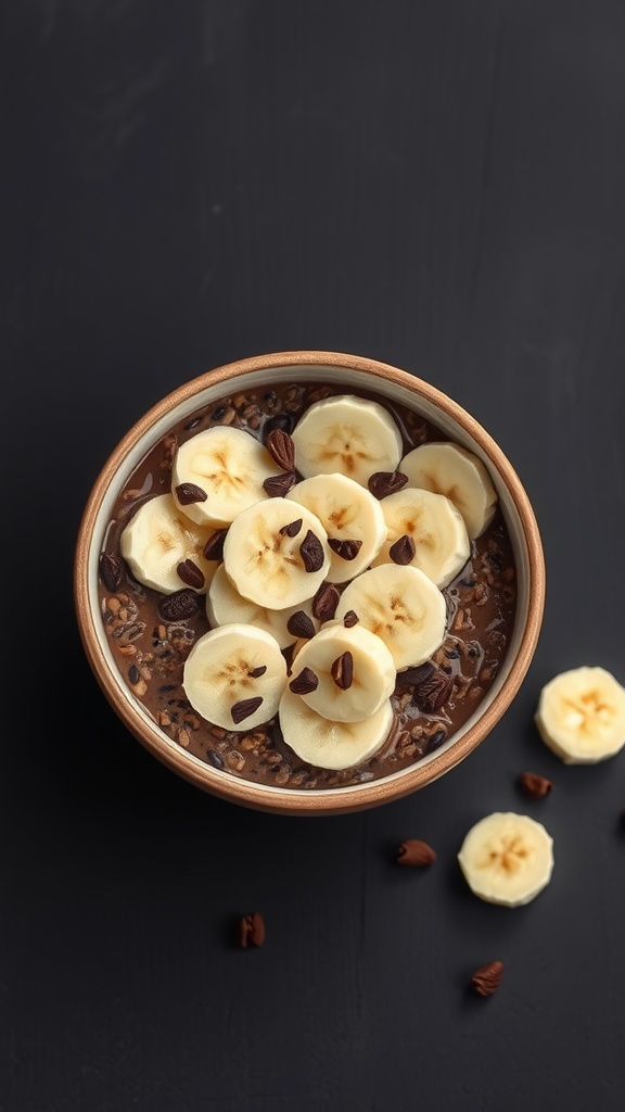 A bowl of chocolate banana overnight weetabix topped with banana slices and chocolate chips.