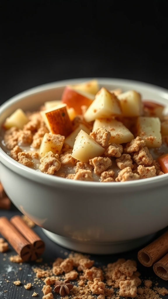 A close-up view of a bowl filled with cinnamon apple overnight weetabix topped with diced apples and crunchy granola.