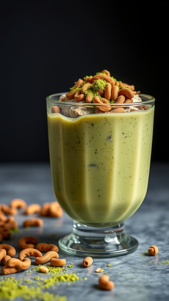 A glass of matcha green tea overnight weetabix topped with nuts and seeds.