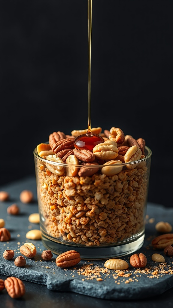 A bowl filled with mixed nuts and Weetabix, drizzled with maple syrup