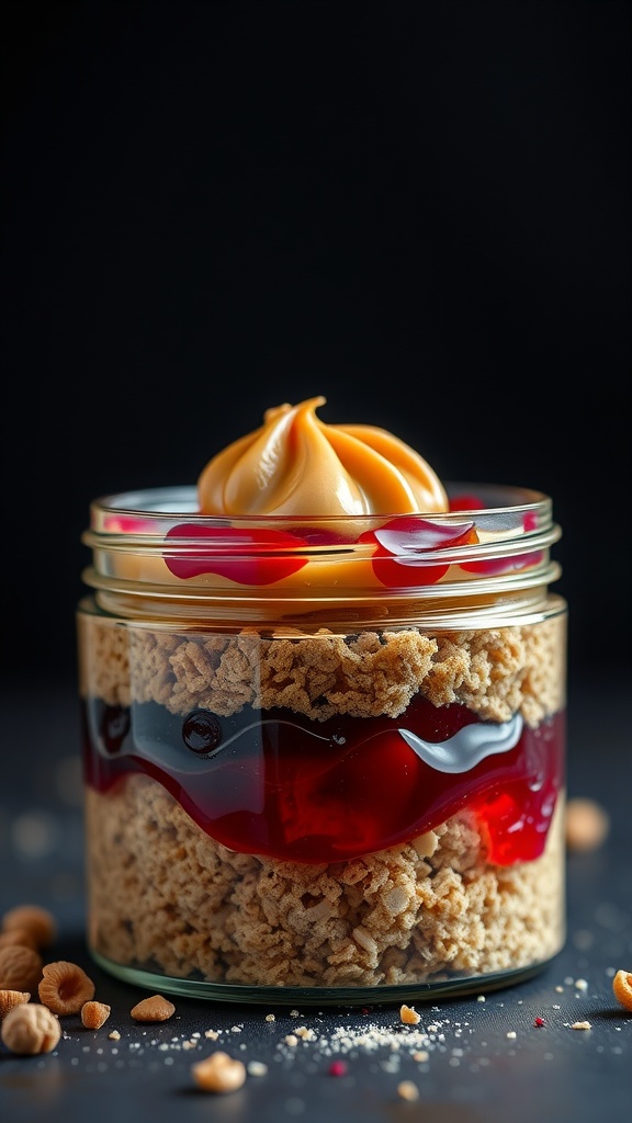 A close-up view of a jar layered with peanut butter, jelly, and Weetabix.