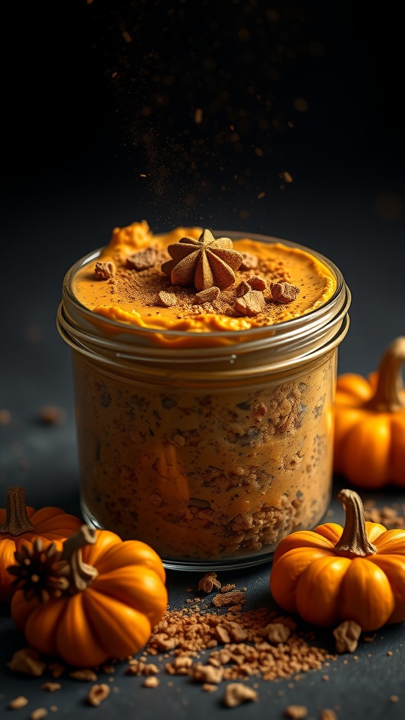 A close-up view of a jar containing Pumpkin Spice Overnight Weetabix surrounded by small pumpkins and spices.