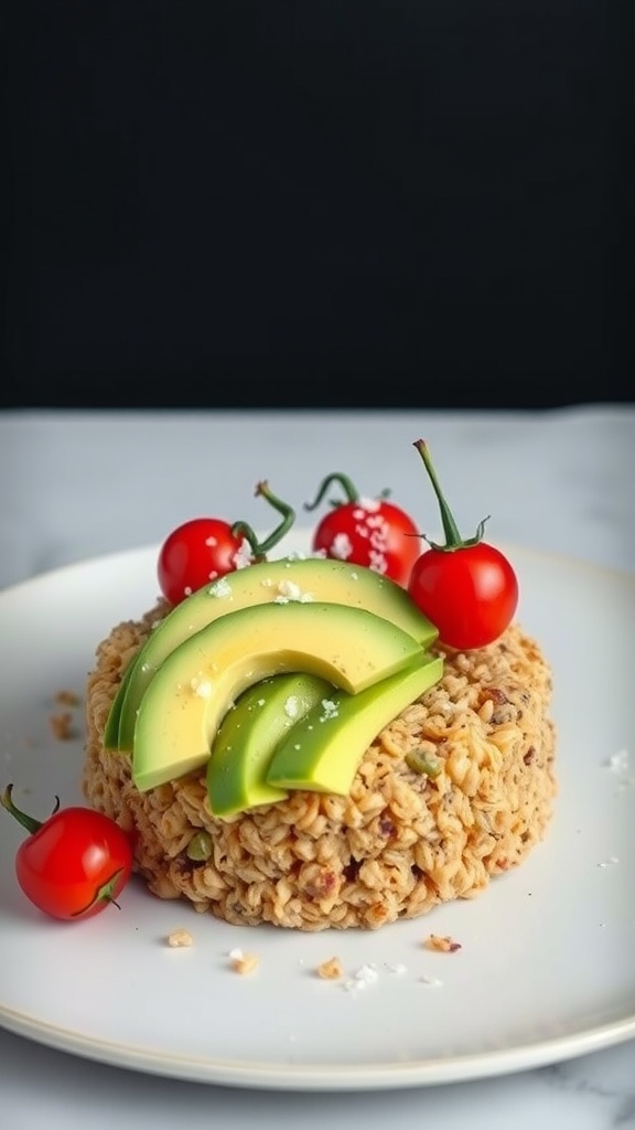 Savory avocado overnight Weetabix with cherry tomatoes on a plate