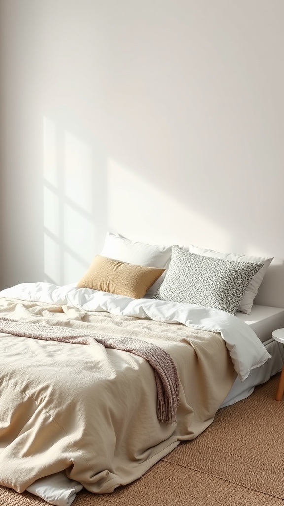 A serene minimalist bedroom featuring layered bedding with soft textures and neutral colors.