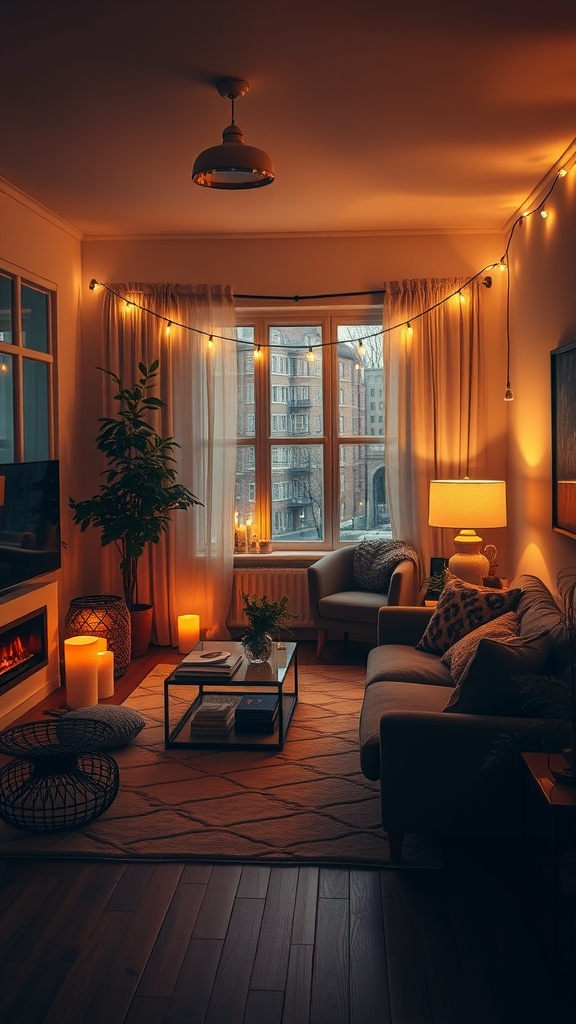 Cozy living room with warm ambient lighting, featuring string lights and a comfortable sofa.