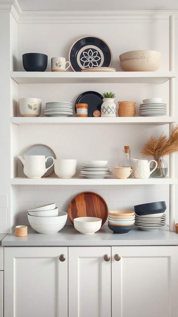 A display of various tableware in a Scandinavian kitchen, featuring bowls and plates on open shelves.