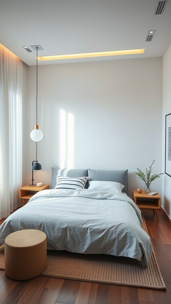 A minimalist bedroom featuring a bed with soft bedding, striped pillows, stylish pendant lighting, and wooden nightstands.