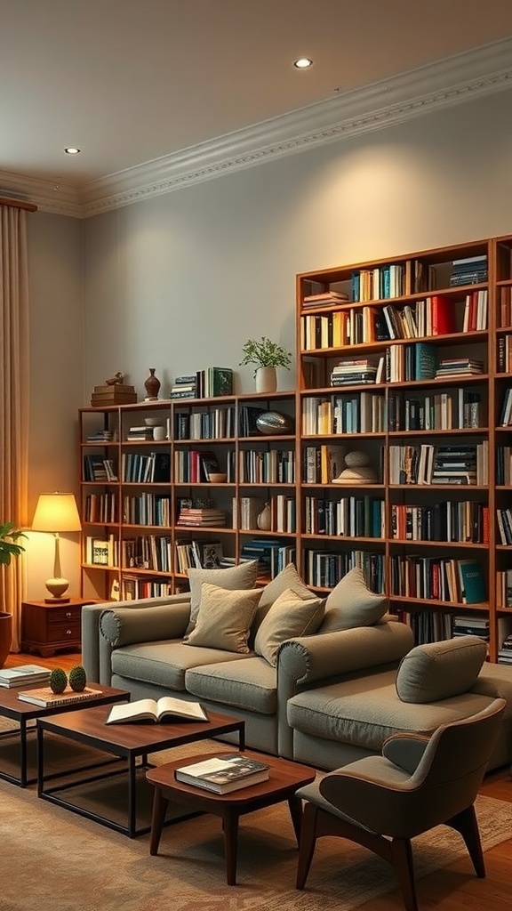 Cozy living room with a bookshelf, comfortable sofa, and warm lighting.