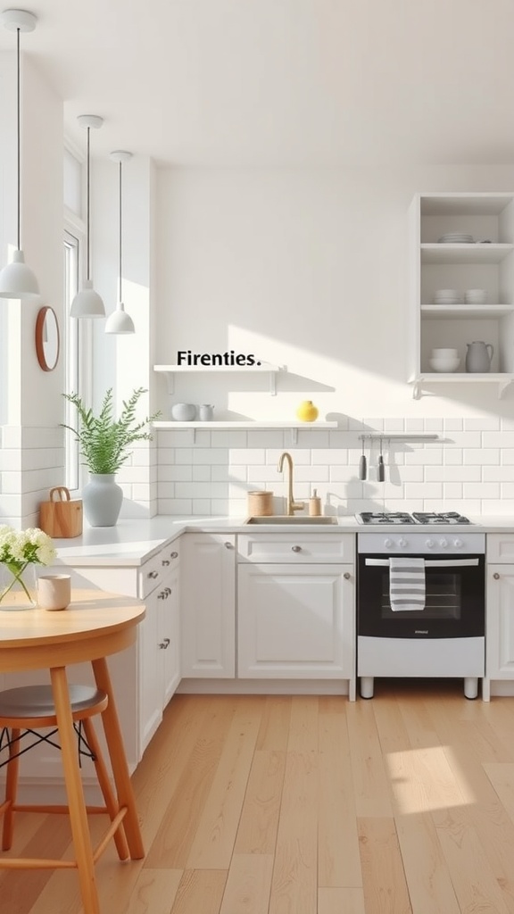 A bright and airy Scandinavian kitchen with white cabinets, light wood floors, and simple decor elements.