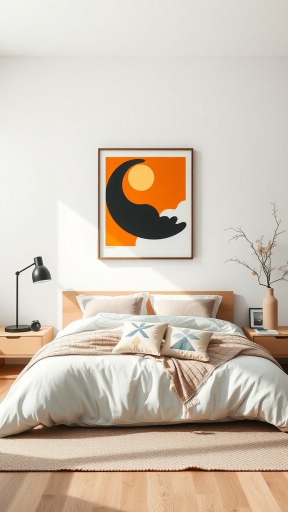 A minimalist bedroom featuring a bold piece of artwork above a neatly made bed with natural wood furniture.