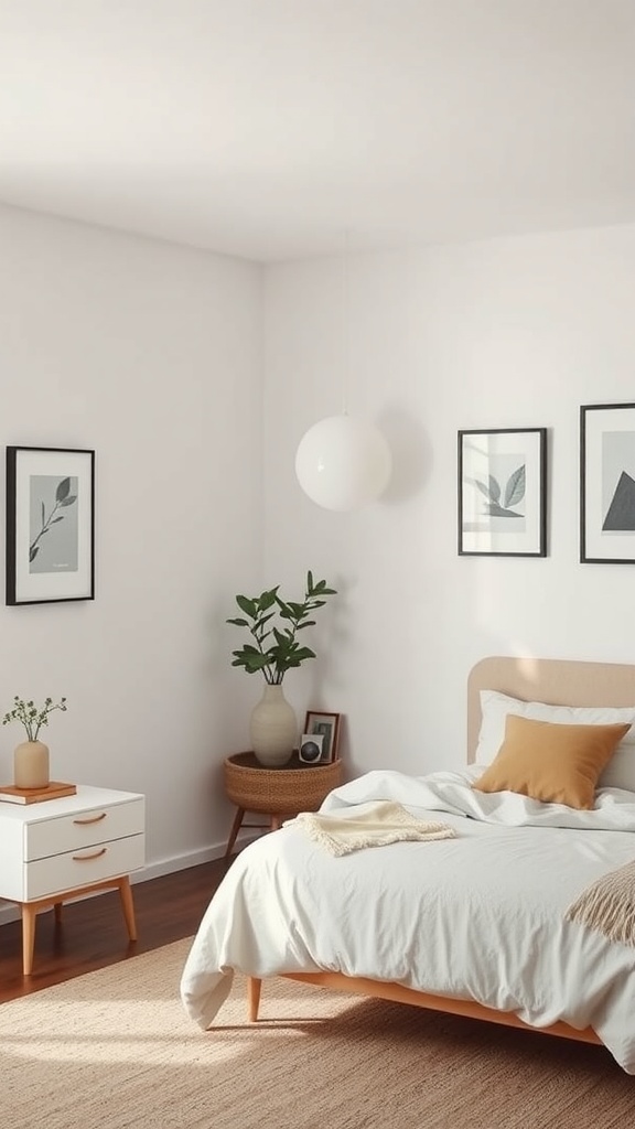 A minimalist bedroom featuring a bed with white bedding, a wooden nightstand, framed art on the walls, and a potted plant.
