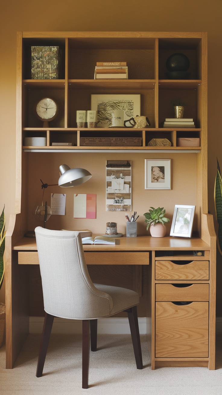 A small cozy home office with a desk, storage, and a comfortable chair.
