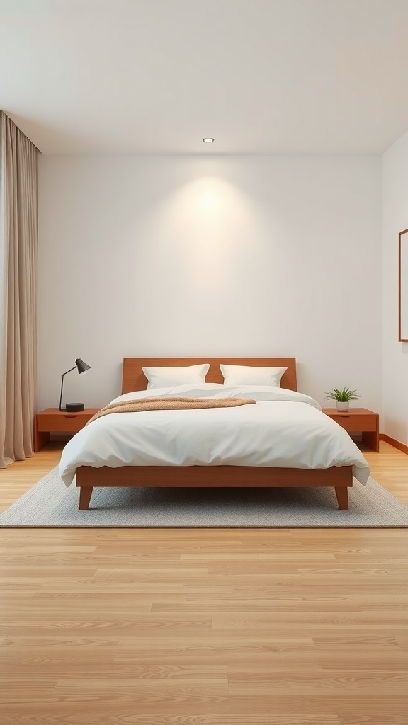 A minimalist bedroom featuring wooden flooring, a bed with white linens, and a simple decor.
