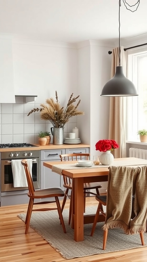 A cozy Scandinavian kitchen featuring wooden furniture, soft textiles, and a warm atmosphere.