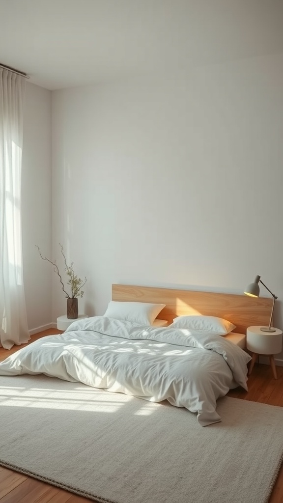 A minimalist bedroom with natural lighting, a wooden bed, light bedding, and a stylish lamp.