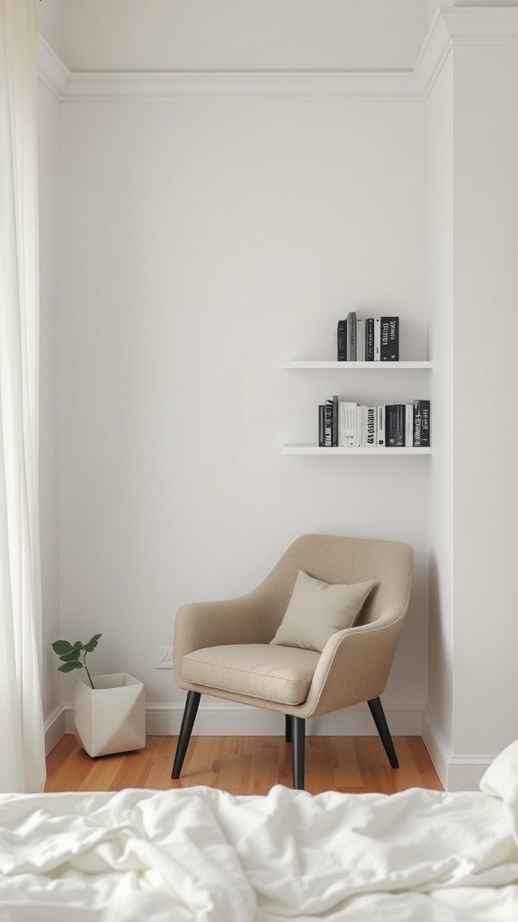 A cozy reading nook featuring a beige chair, a small plant, and shelves with books.