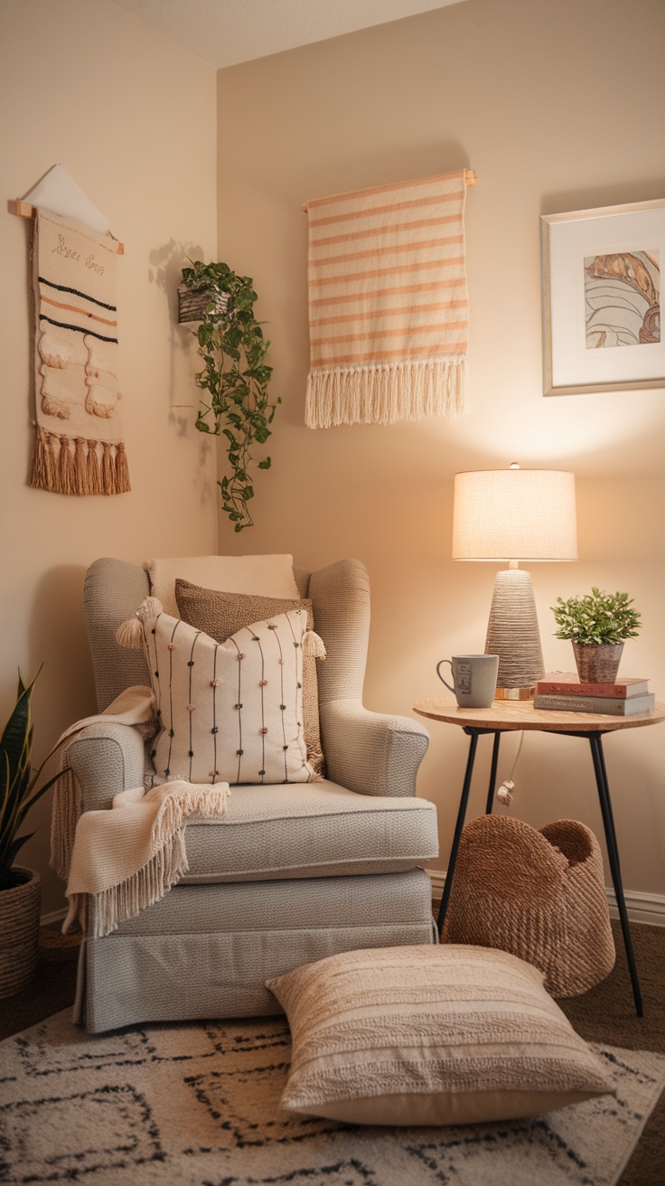 Cozy home office nook with chair, cushions, and decorative items.