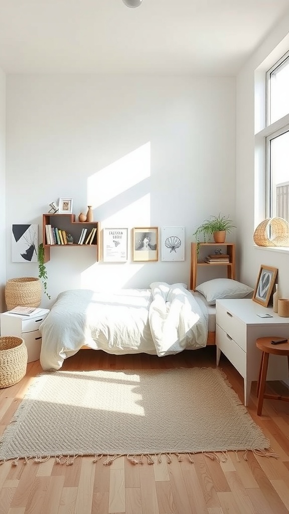 A minimalist bedroom with a bed, shelves, and natural light
