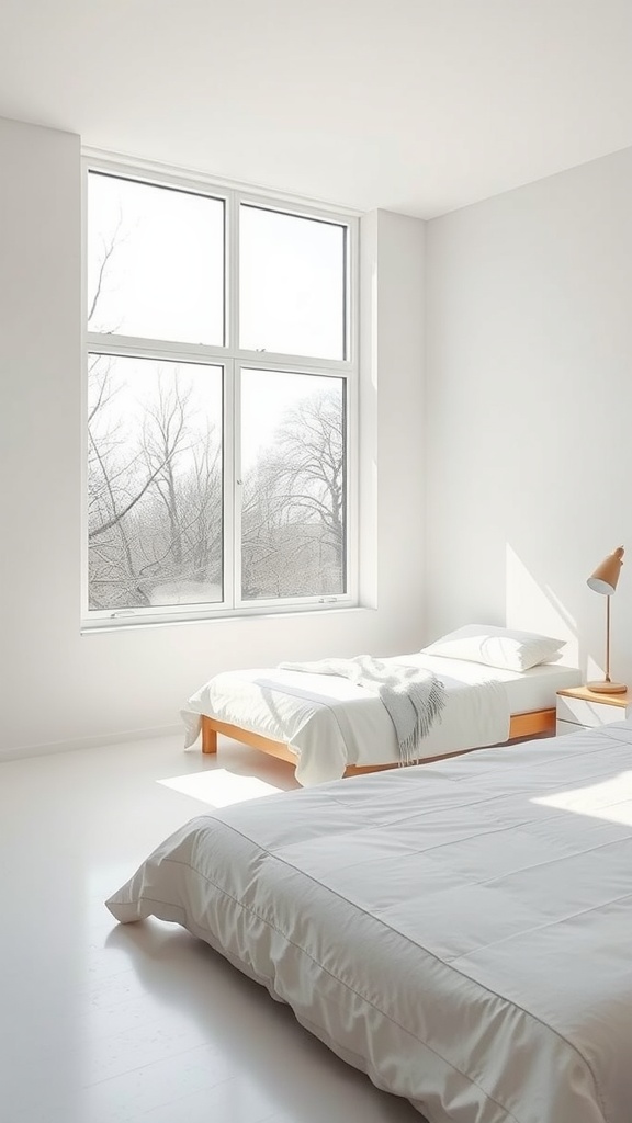 A minimalist bedroom with two beds, large windows allowing natural light in, and a simple design.