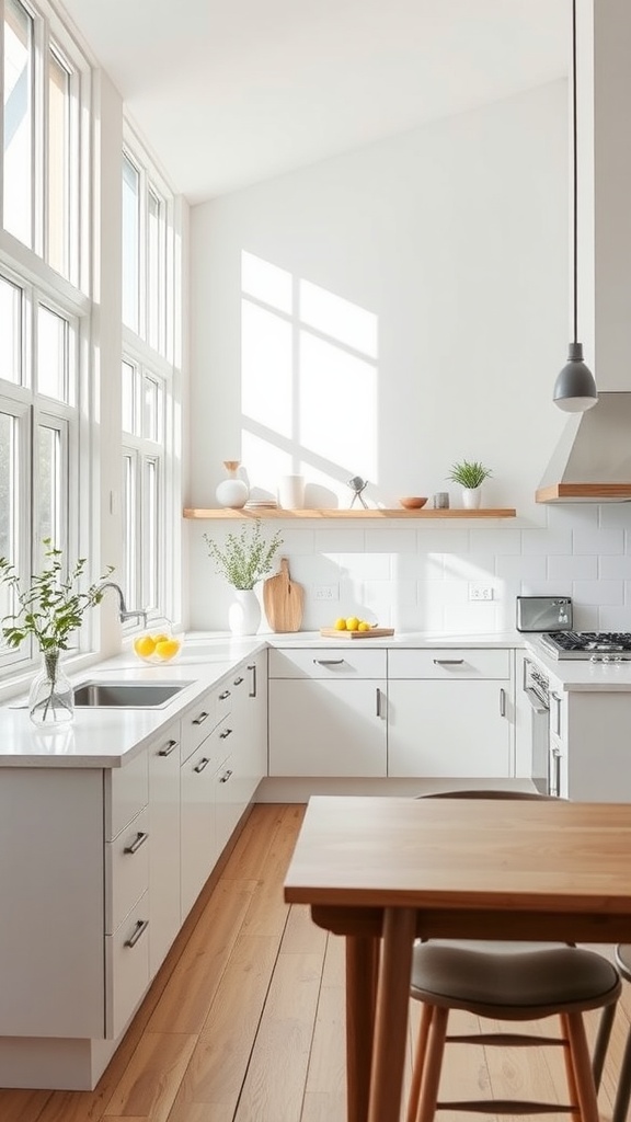 A bright Scandinavian kitchen with large windows and minimalist decor.