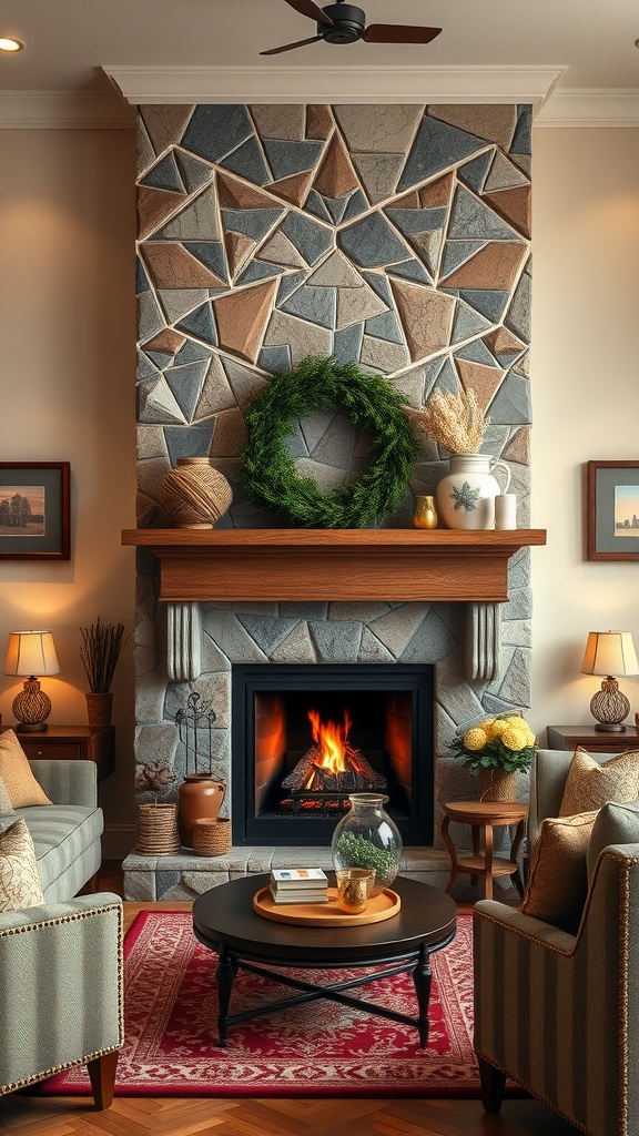 Cozy living room featuring a beautifully designed fireplace with a stone wall, warm fire, and comfortable seating.