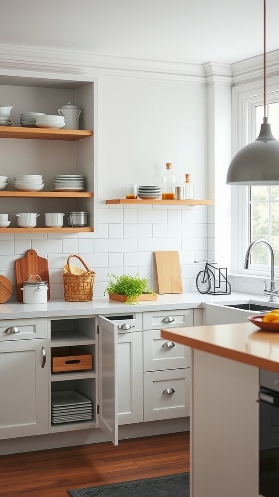 A Scandinavian kitchen featuring open shelves, cabinets, and natural light.