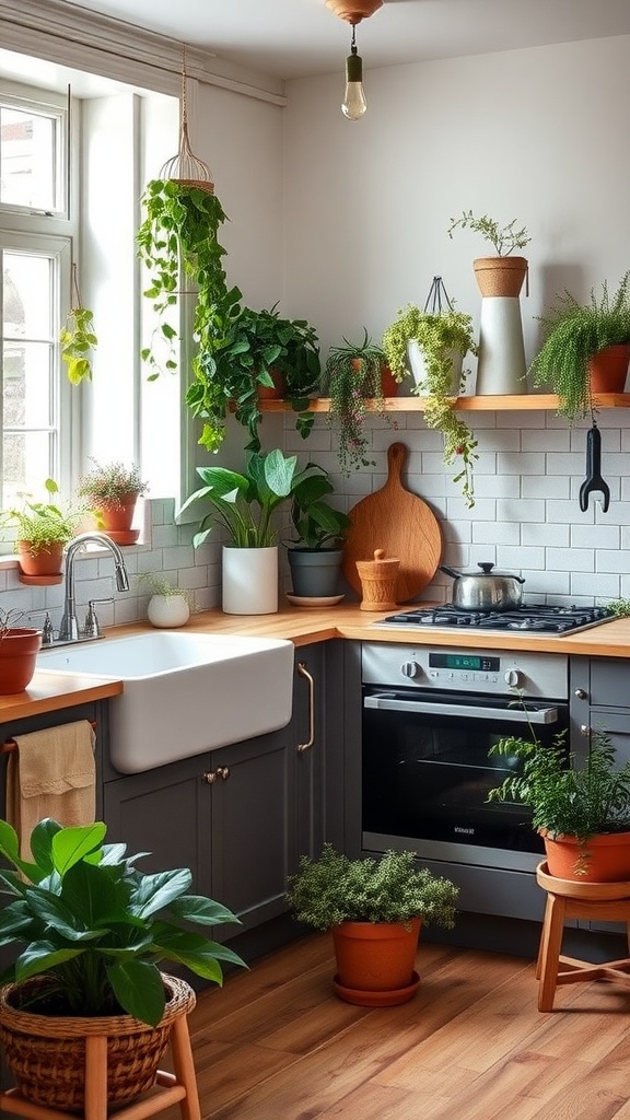 Stylish Scandinavian kitchen with various plants and greenery.