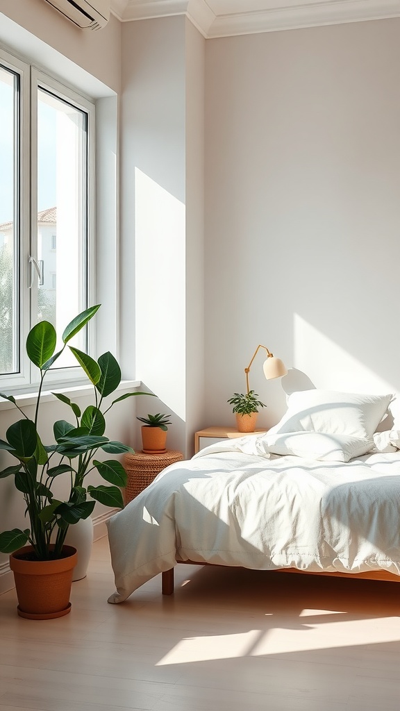 A minimalist bedroom with plants beside a bed and natural light coming through a window.