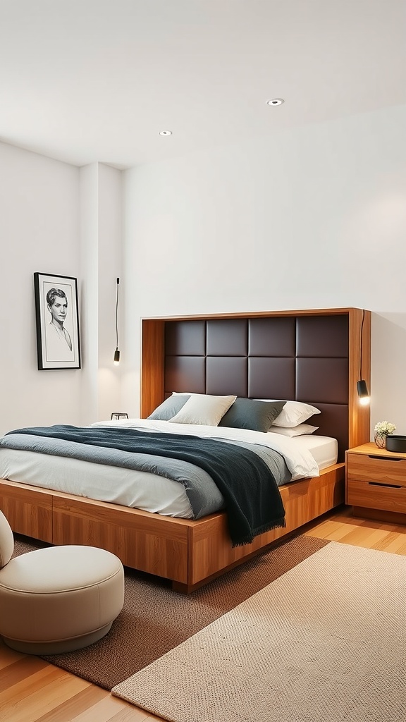 A minimalist bedroom featuring a bed with storage, a round pouf, and a nightstand.