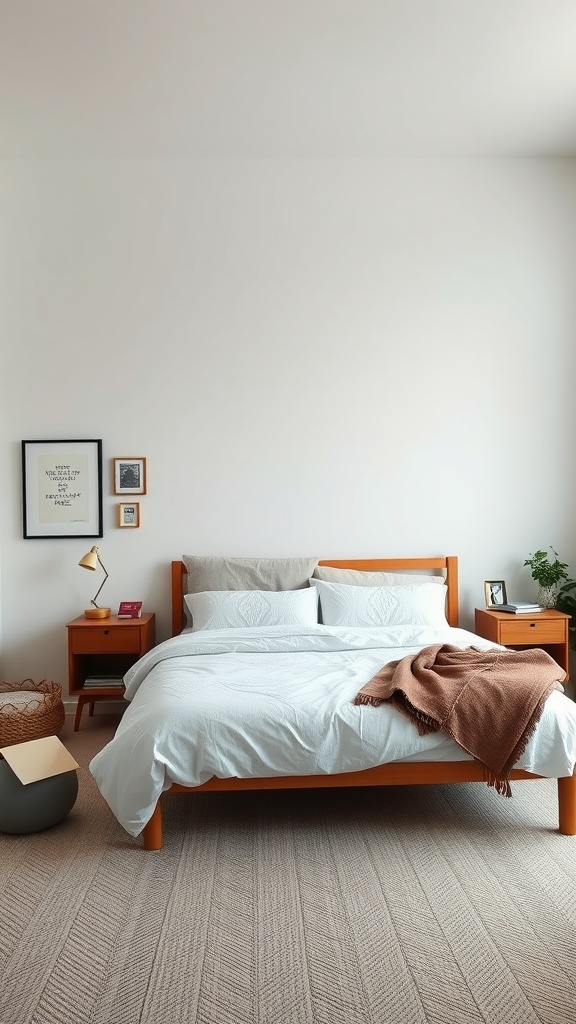 A minimalist bedroom featuring a wooden bed, soft bedding, and carefully selected decor.