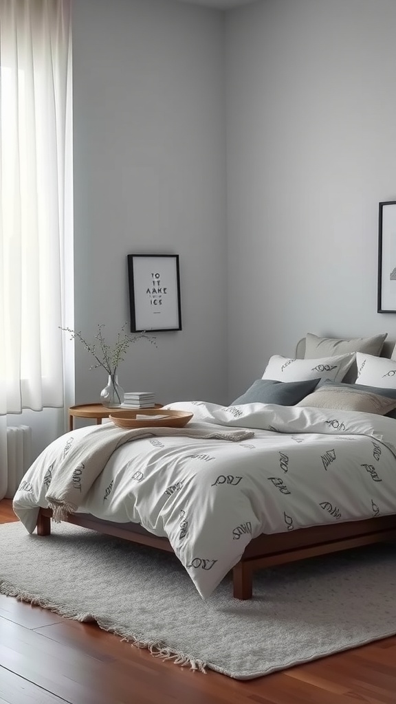 A minimalist bedroom with neutral colors, simple patterns on bedding, and wooden furniture.