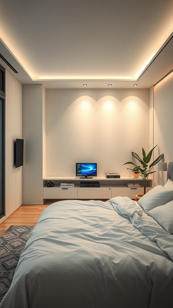 A minimalist bedroom with soft lighting, a neat entertainment unit, and a plant by the bed, showcasing smart technology in a clean design.