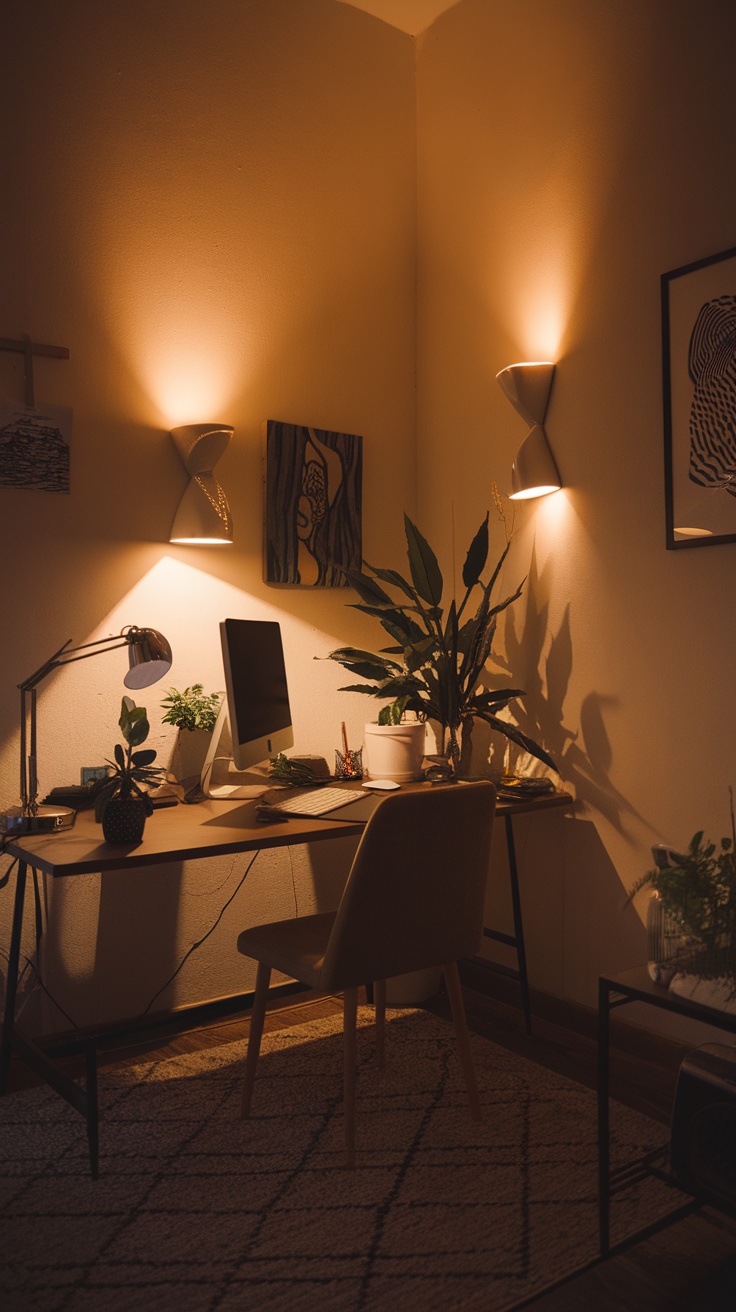 A cozy home office with warm lighting, plants, and a wooden desk.
