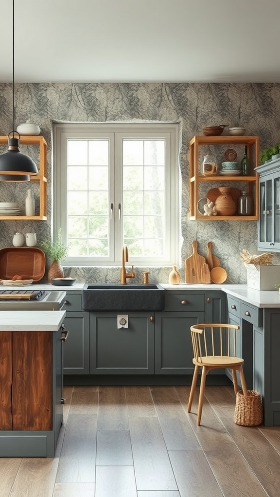 A serene Scandinavian kitchen featuring natural materials, soft colors, and plenty of natural light.