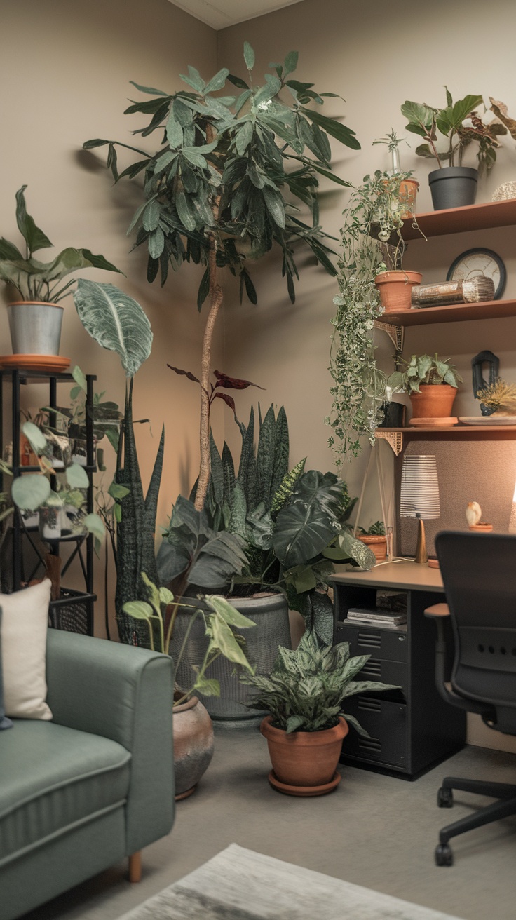 A cozy home office filled with various indoor plants, creating a lush and inviting work environment.