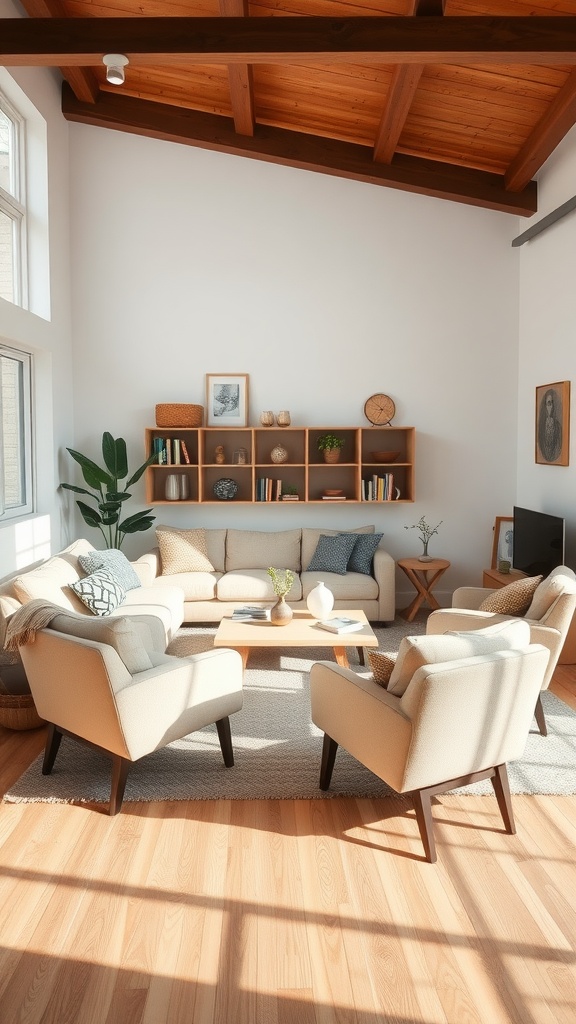 Cozy living room with a sectional sofa, armchairs, and natural light