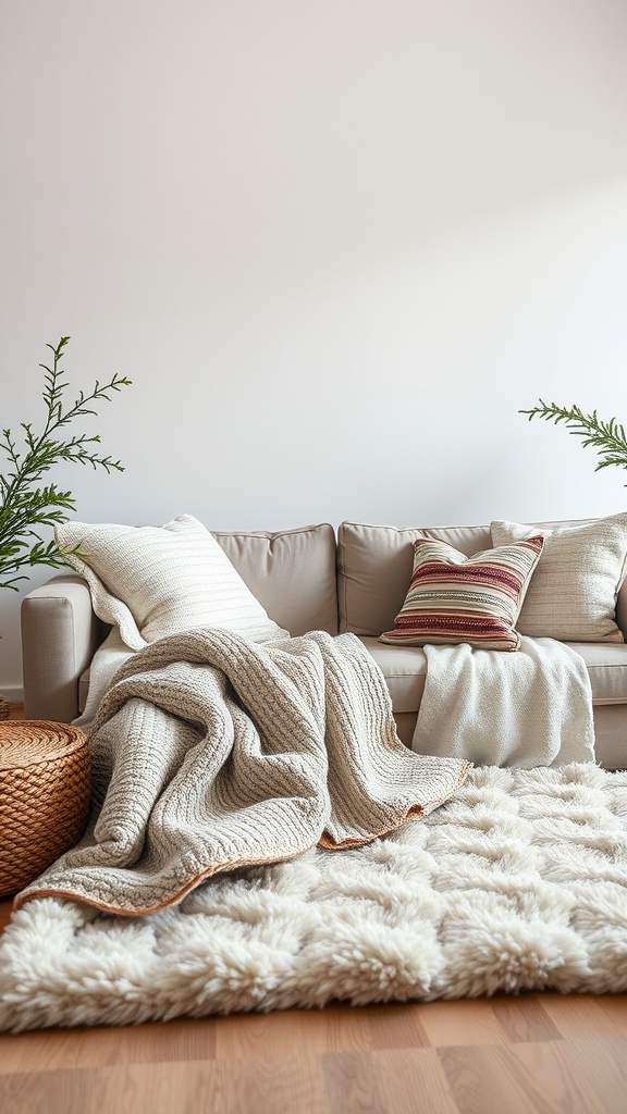 A cozy living room featuring layered textiles with soft throws and cushions on a beige sofa.