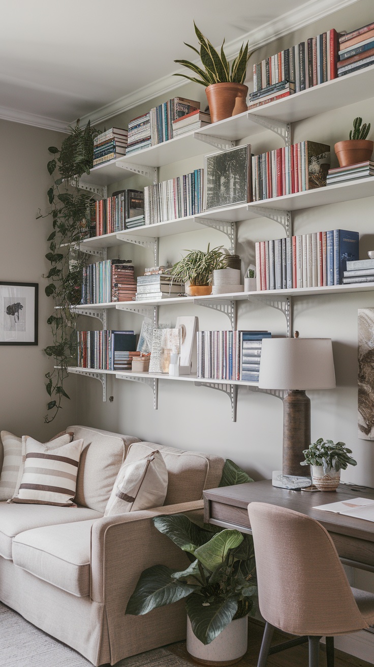 Cozy home office with shelves displaying books and plants.