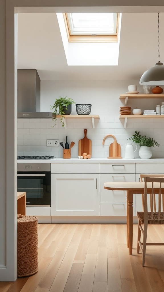 A minimalist Scandinavian kitchen featuring light wood furniture, open shelves, and simple decor.