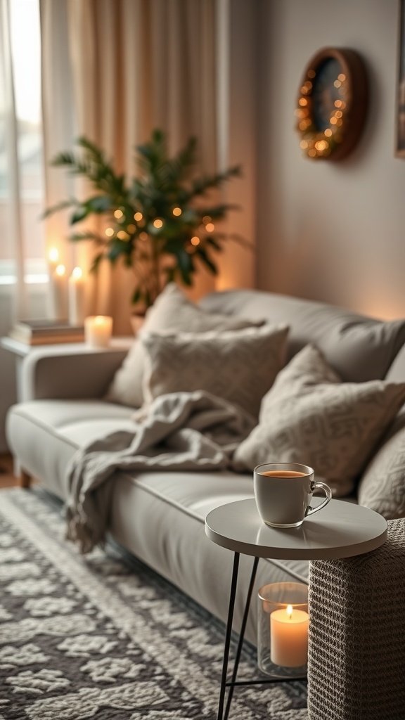 Cozy living room with a couch, warm lighting, and a cup of tea on the table.
