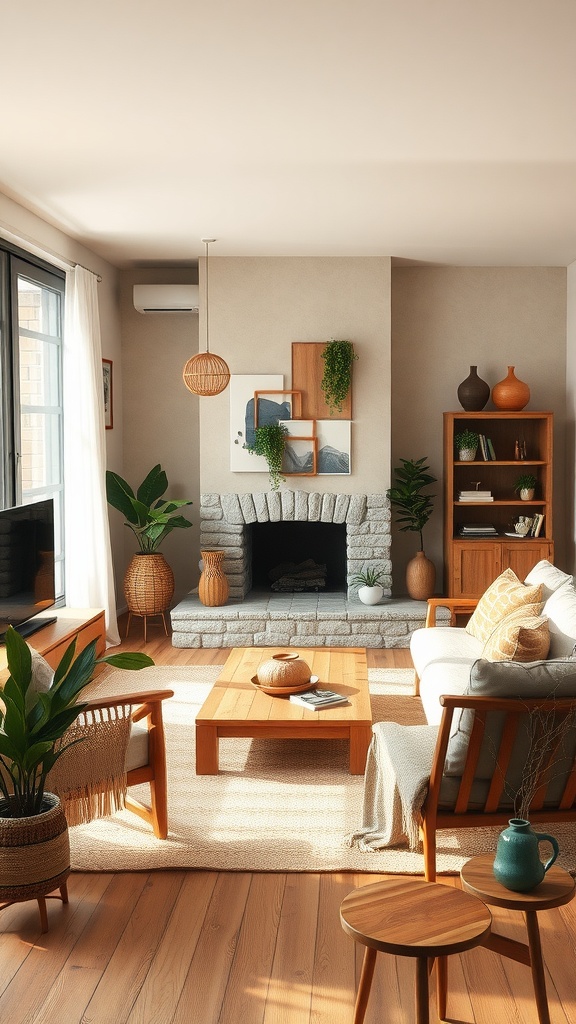 A cozy living room featuring natural elements like plants, wooden furniture, and warm textiles.