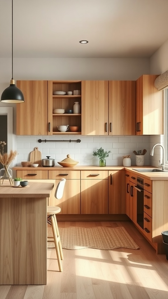 A Scandinavian kitchen featuring natural wood cabinetry and accents.