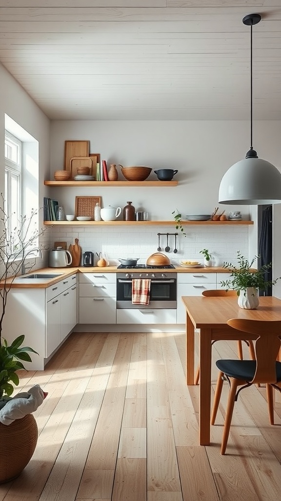 A Scandinavian style kitchen with an open concept design, featuring wooden shelves, a dining table, and natural light.