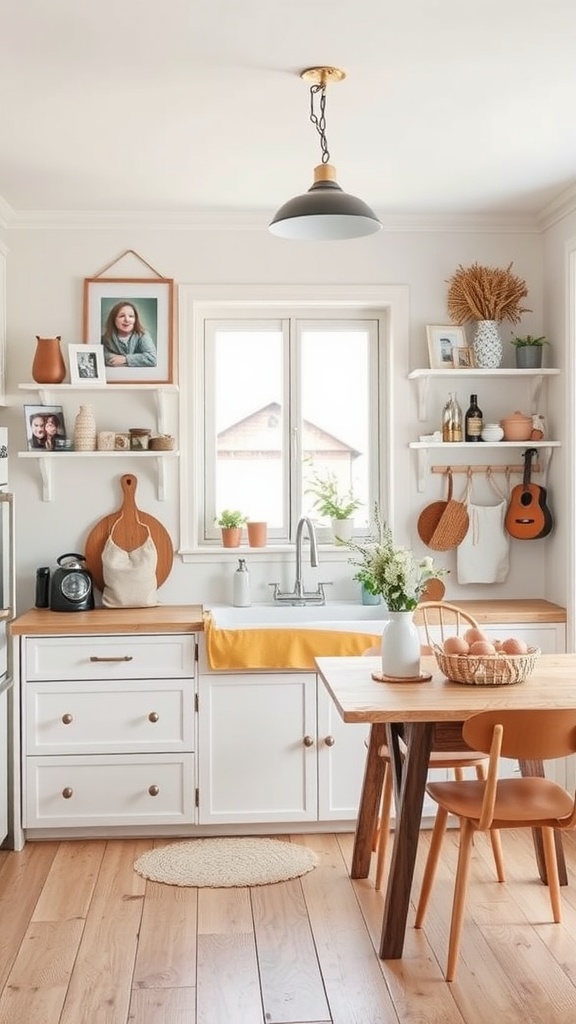 A bright Scandinavian kitchen featuring personal touches like framed photos, handmade pottery, and warm wooden elements.