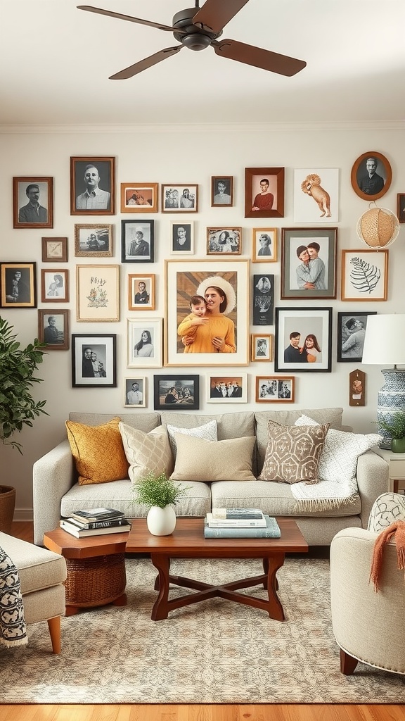 Cozy living room with a gallery wall of framed family photos and art.