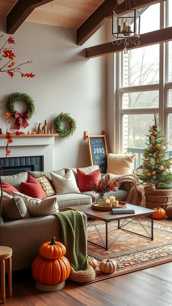 Cozy living room decorated for the season with pumpkins, wreaths, and warm lighting.