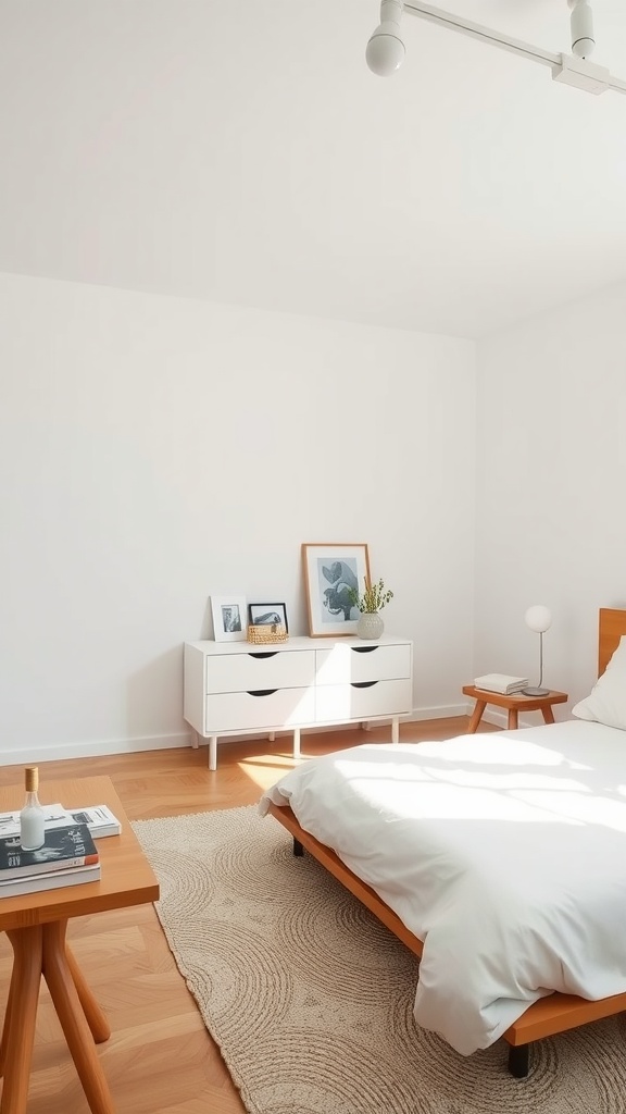 A minimalist bedroom featuring simple furniture like a bed, bedside table, and dresser against a white wall.